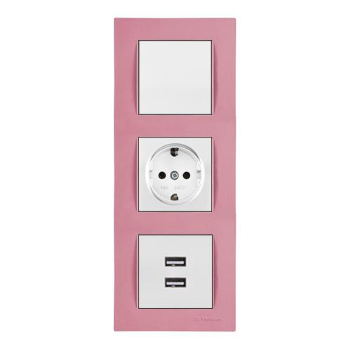 Schalter, Steckdose mit KS und 2-fach USB Dose inkl. Rosa Rahmen Schalter, Steckdose mit KS und 2-fach USB Dose inkl. Rosa Rahmen