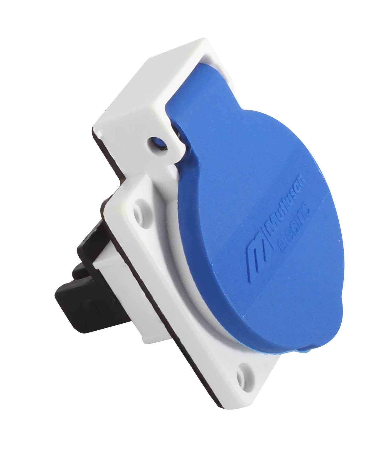 Schuko Einbausteckdose IP44 16A/250V – Flanschsteckdose Weiß/Blau mit Deckel