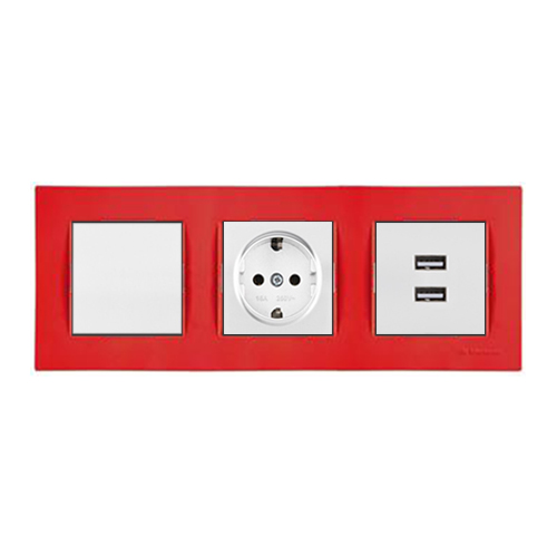 Schalter, Steckdose mit KS und 2-fach USB Dose inkl. Rahmen Rot Schalter, Steckdose mit KS und 2-fach USB Dose inkl. Rahmen Rot