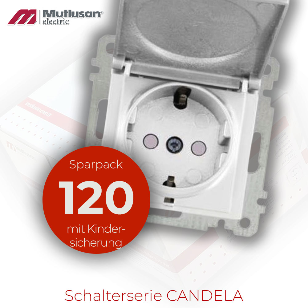 Sparset 120x Steckdose mit Klappdeckel und  Kindersicherung  Weiß CANDELA Serie
