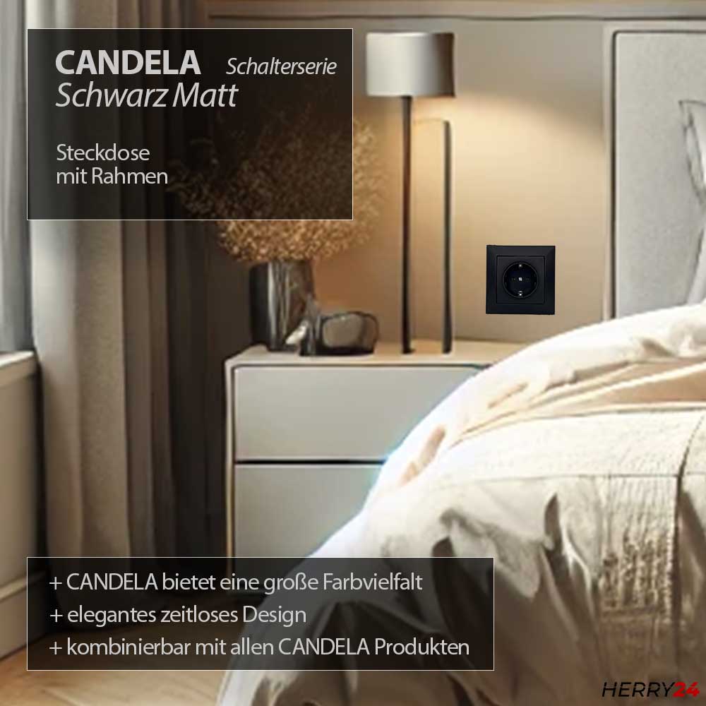 Steckdose mit Rahmen Schwarz matt - CANDELA Schalterserie Steckdose mit Rahmen Schwarz matt - CANDELA Schalterserie