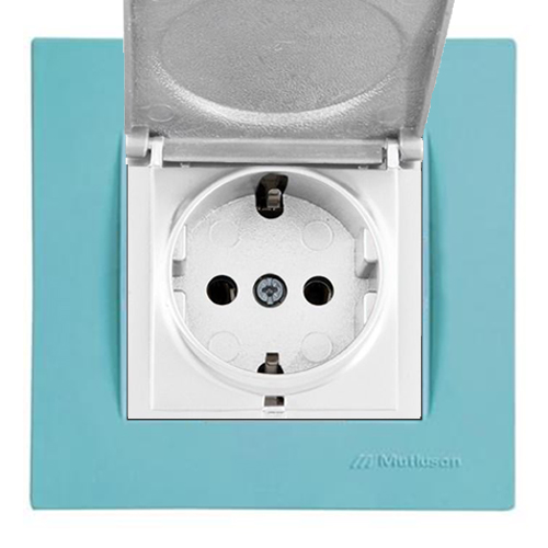 Klappdeckel Steckdose Weiß mit Rahmen Blau / Hellblau Klappdeckel Steckdose Weiß mit Rahmen Blau / Hellblau