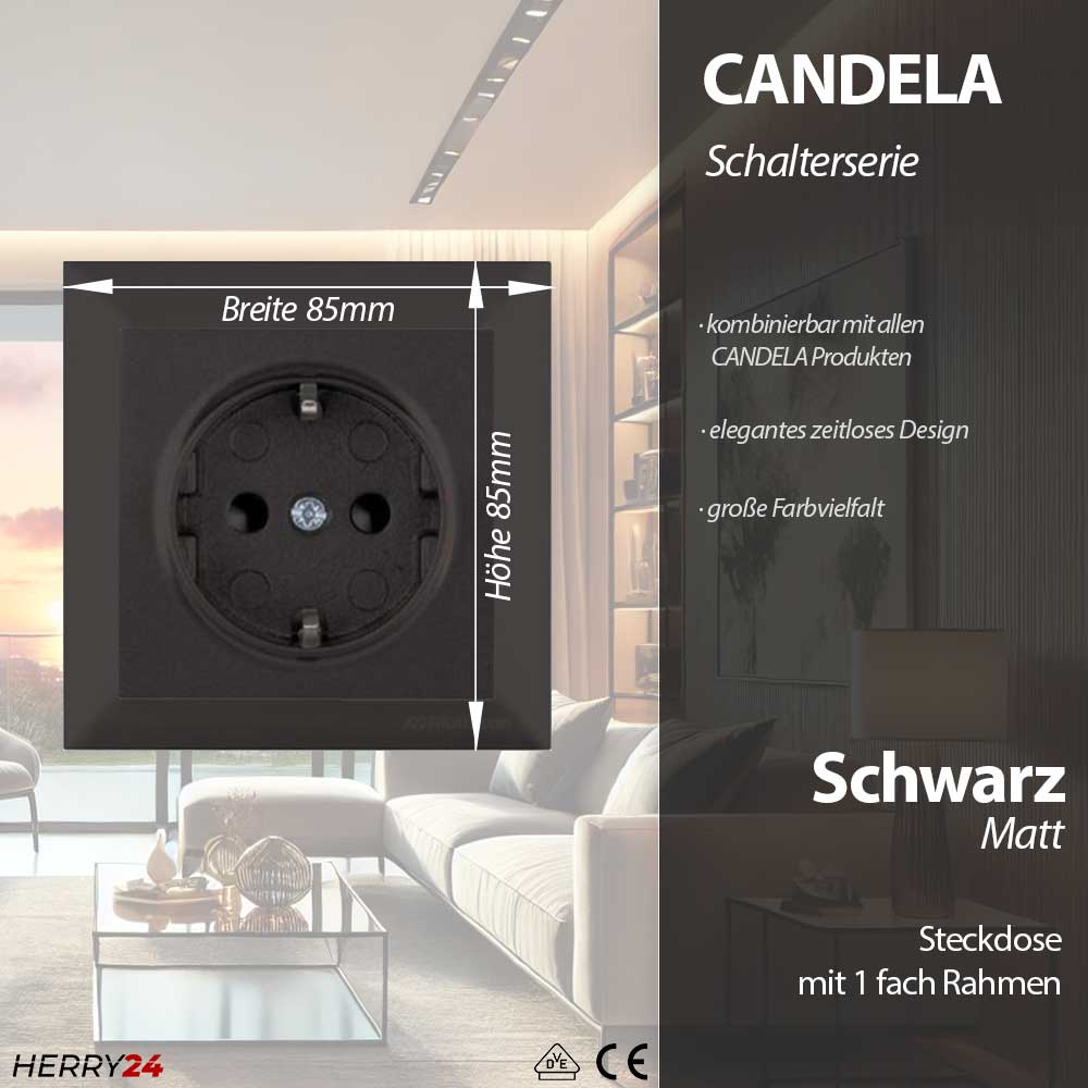 Steckdose mit Rahmen Schwarz matt - CANDELA Schalterserie Steckdose mit Rahmen Schwarz matt - CANDELA Schalterserie