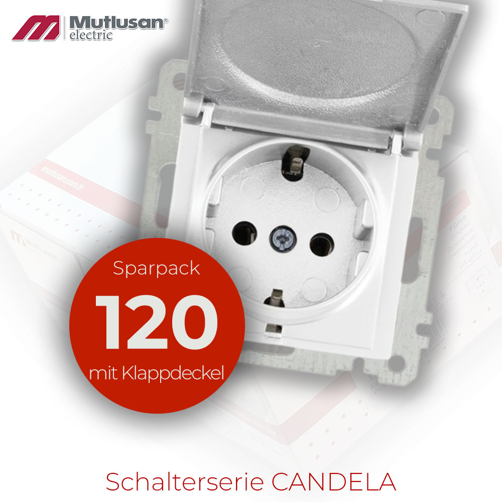 Sparset 120x Steckdose mit Klappdeckel  Weiß CANDELA Serie