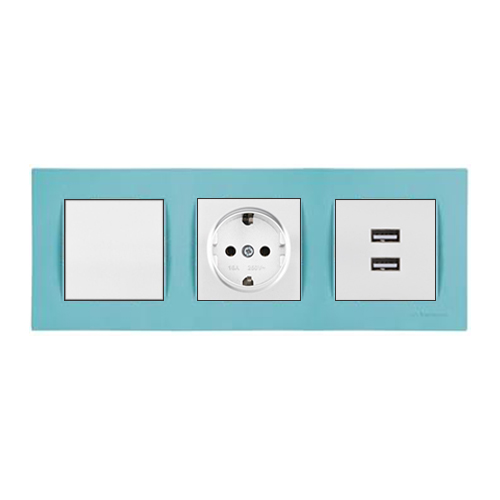 Schalter, Steckdose mit KS und 2-fach USB Dose inkl. Rahmen Blau / Hellblau Schalter, Steckdose mit KS und 2-fach USB Dose inkl. Rahmen Blau / Hellblau