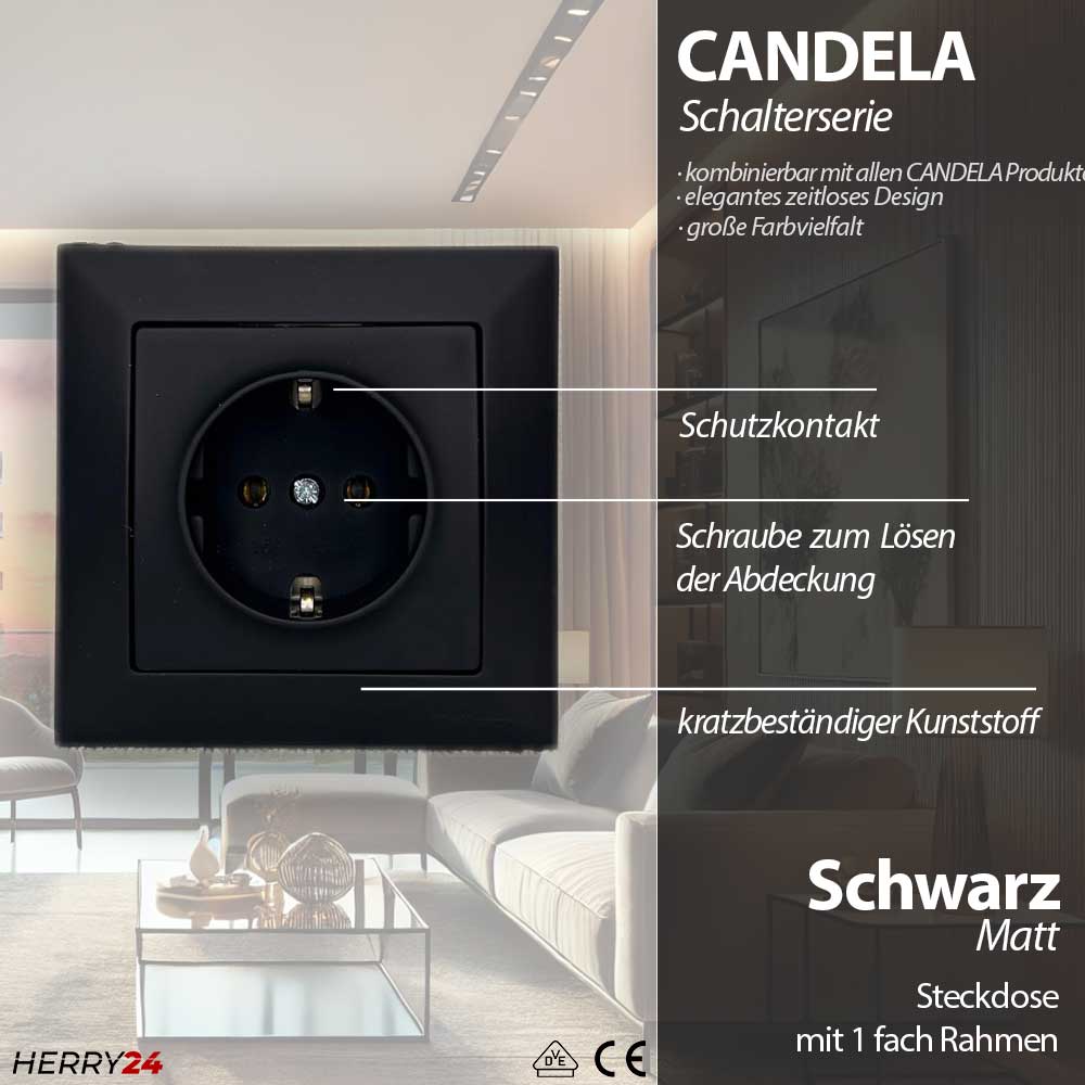 Steckdose mit Rahmen Schwarz matt - CANDELA Schalterserie Steckdose mit Rahmen Schwarz matt - CANDELA Schalterserie