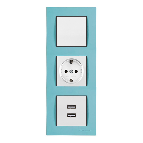 Schalter, Steckdose mit KS und 2-fach USB Dose inkl. Rahmen Blau / Hellblau Schalter, Steckdose mit KS und 2-fach USB Dose inkl. Rahmen Blau / Hellblau
